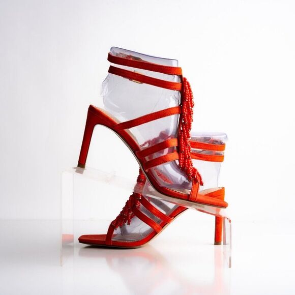 Boden Womens Suede Sandals Heels Orange Strappy Beaded Open Toe US 7 EU 38 - Picture 3 of 11